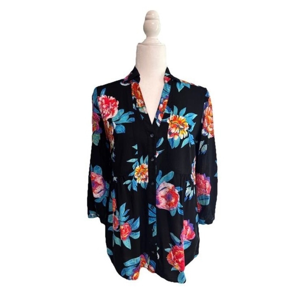 Maeve Woodland Walk Floral Blouse Women 4 Black Button Front Shirt V-Neck Resort
